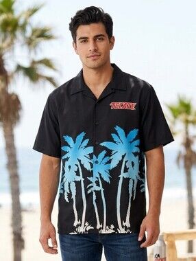 TecateTropical Men's Black Button-Up Shirt with Blue Palm Print Size XL